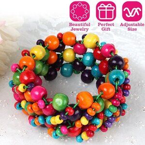 Multi-Color Wooden Beaded Stretchy Bracelet Colorful Exotic Style Elastic